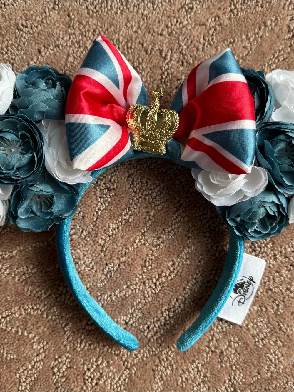 Disney Epcot British Teal Floral Headband Ears w/ Union Jack Bow and Gold Crown